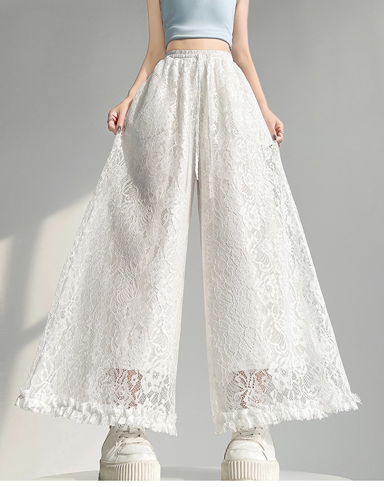 Hollow wide leg straight elastic long pants for women