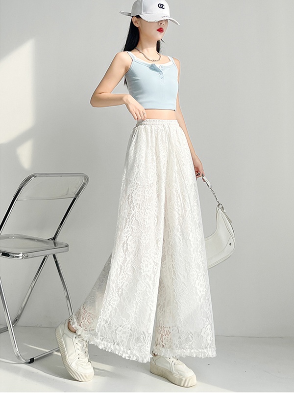 Hollow wide leg straight elastic long pants for women