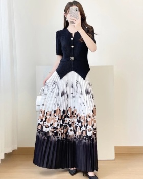 Pinched waist summer dress printing tops 2pcs set