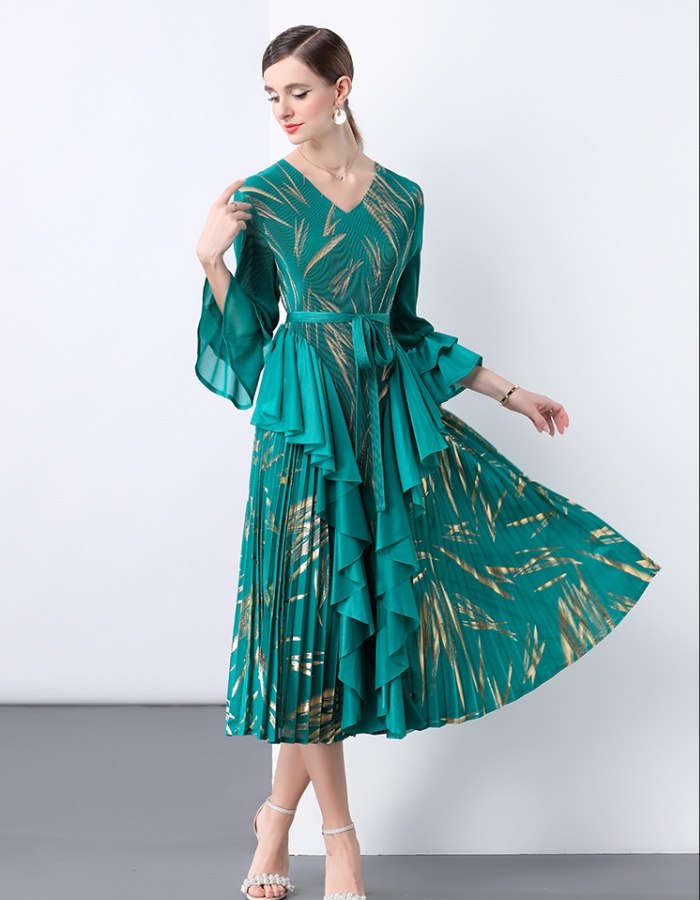 Frenum long dress lotus leaf edges dress for women