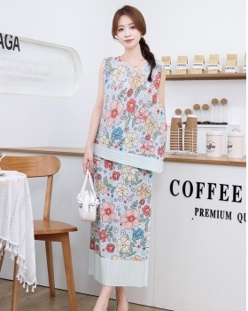 High waist sleeveless skirt fold vest a set for women