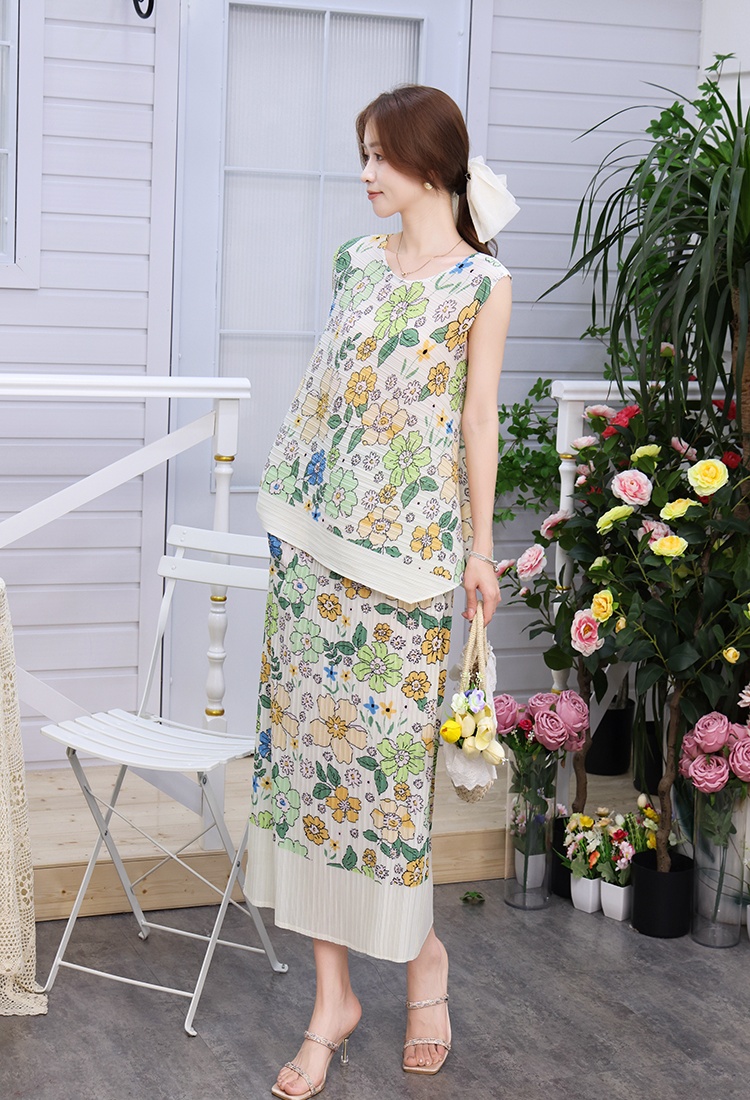 High waist sleeveless skirt fold vest a set for women