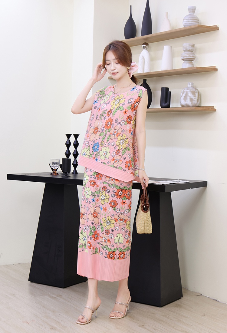 High waist sleeveless skirt fold vest a set for women