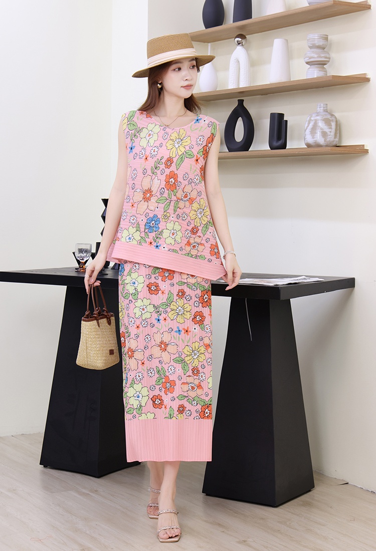 High waist sleeveless skirt fold vest a set for women