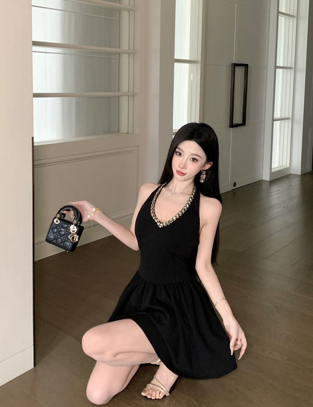 Beading pinched waist slim halter light luxury dress
