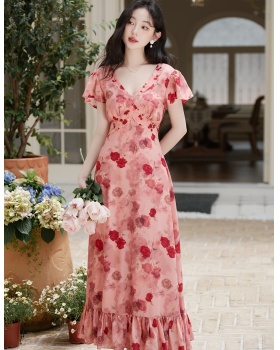Printing France style rose V-neck dress