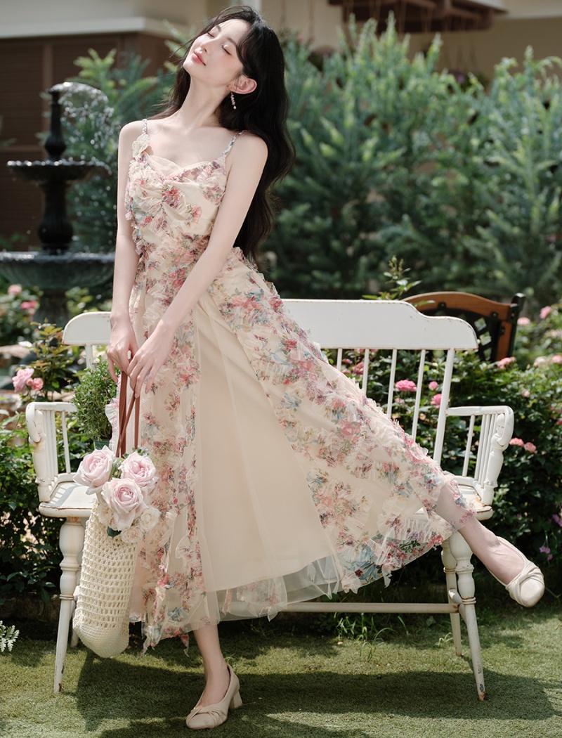 Sling gauze vacation floral lady dress