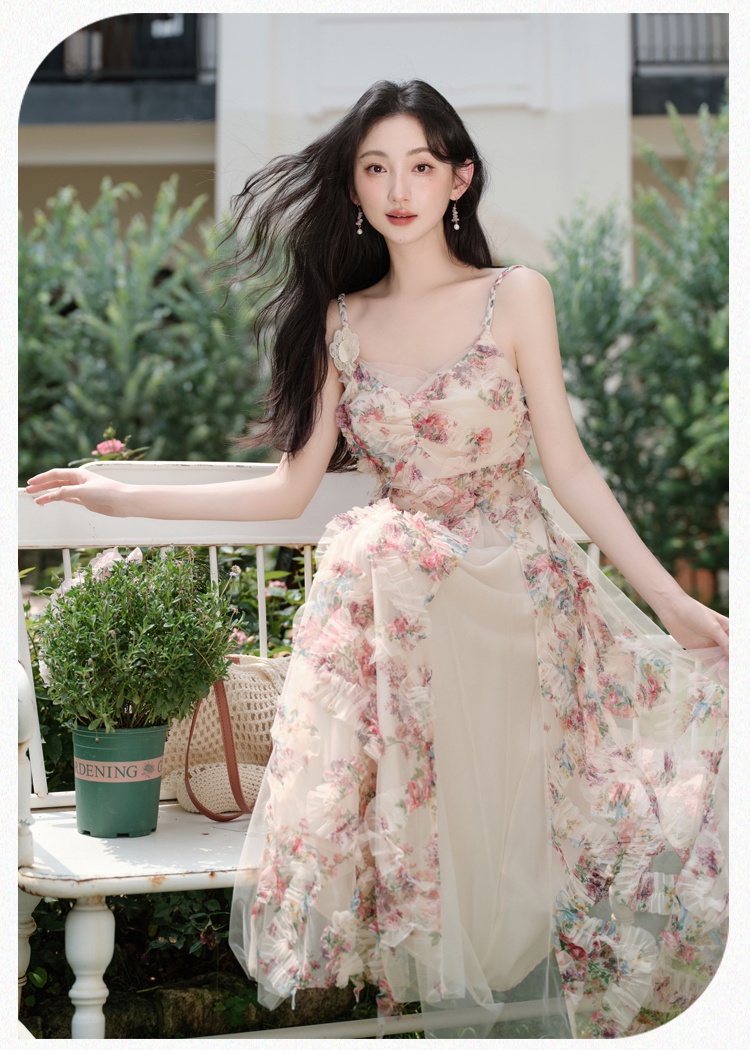 Sling gauze vacation floral lady dress