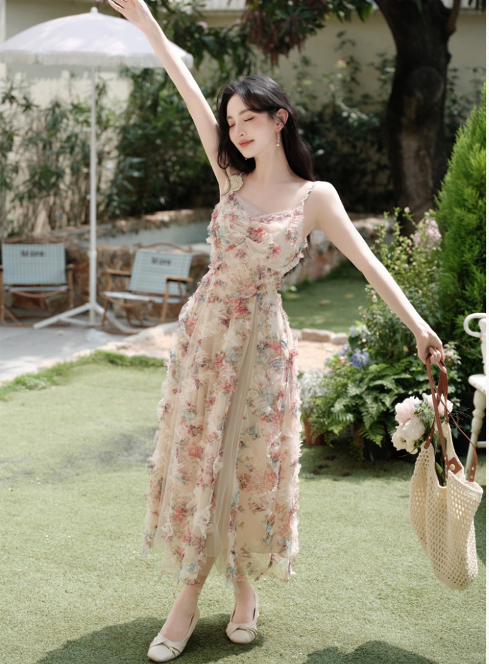 Sling gauze vacation floral lady dress