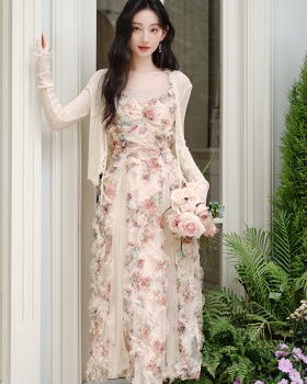 Gauze vacation cardigan lady floral dress 2pcs set