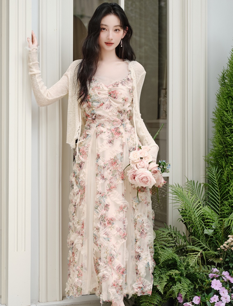 Gauze vacation cardigan lady floral dress 2pcs set