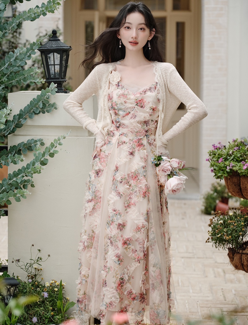 Gauze vacation cardigan lady floral dress 2pcs set