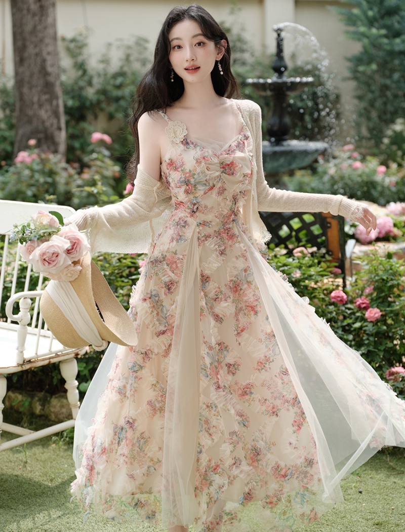 Gauze vacation cardigan lady floral dress 2pcs set