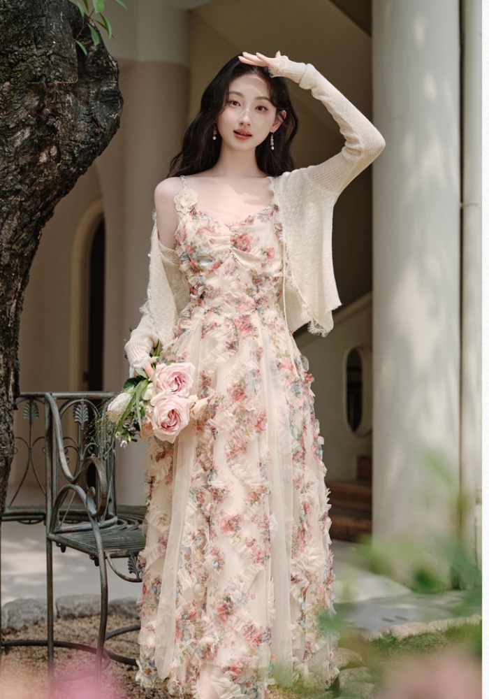Gauze vacation cardigan lady floral dress 2pcs set