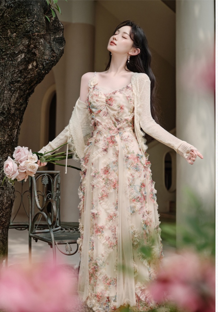 Gauze vacation cardigan lady floral dress 2pcs set