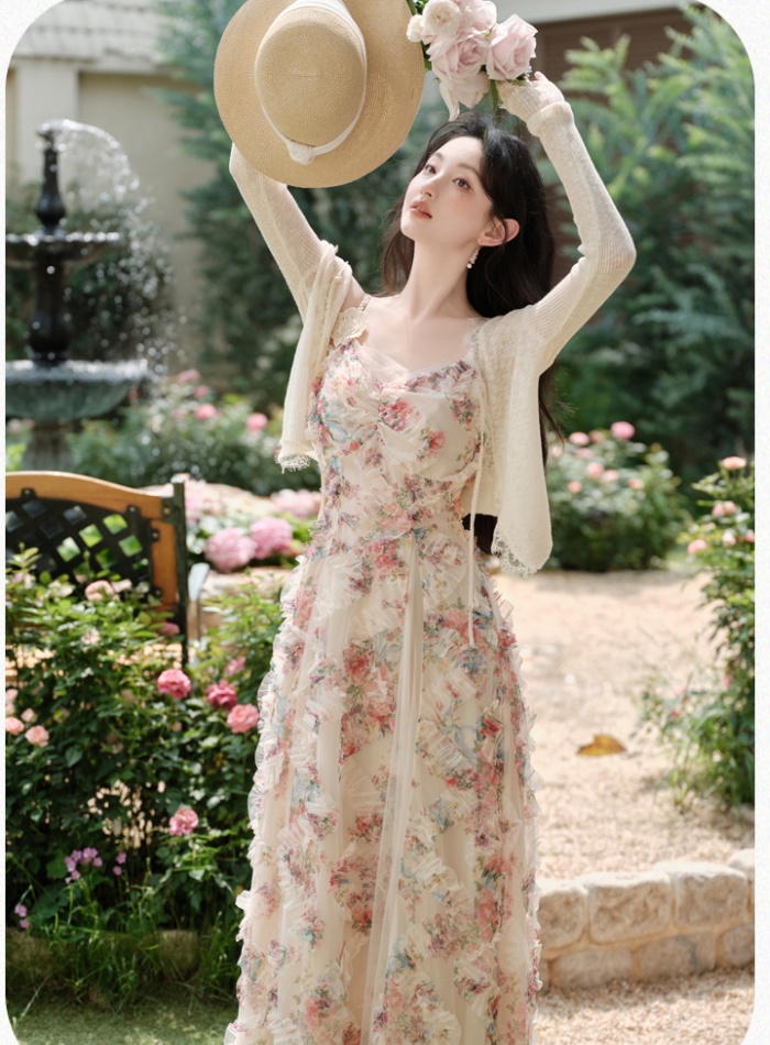 Gauze vacation cardigan lady floral dress 2pcs set