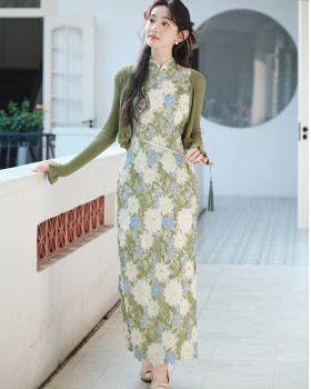 Cstand collar flowers cardigan unique retro dress 2pcs set