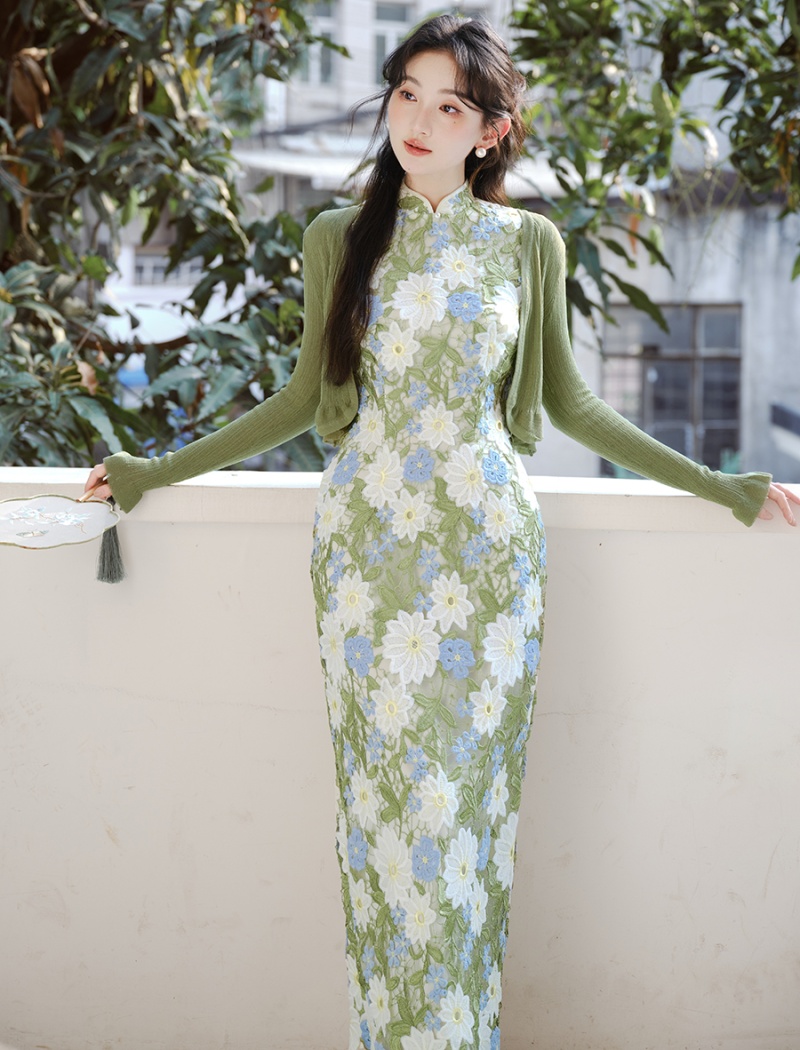 Cstand collar flowers cardigan unique retro dress 2pcs set