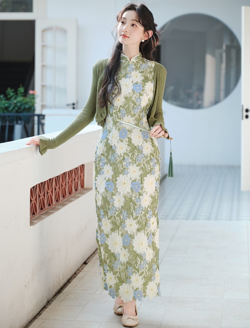Cstand collar flowers cardigan unique retro dress 2pcs set
