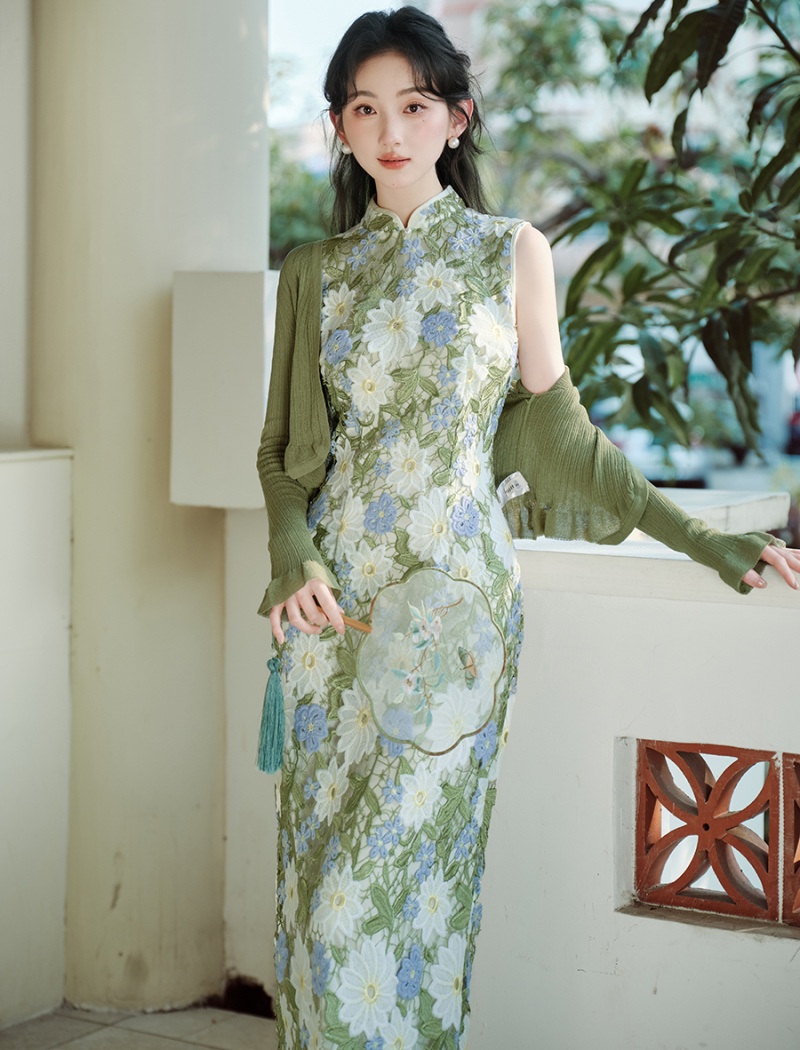 Cstand collar flowers cardigan unique retro dress 2pcs set