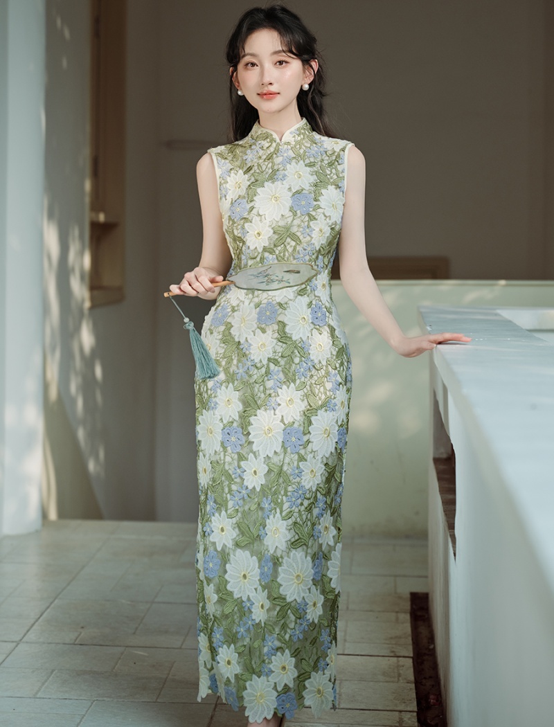 Cstand collar flowers cardigan unique retro dress 2pcs set
