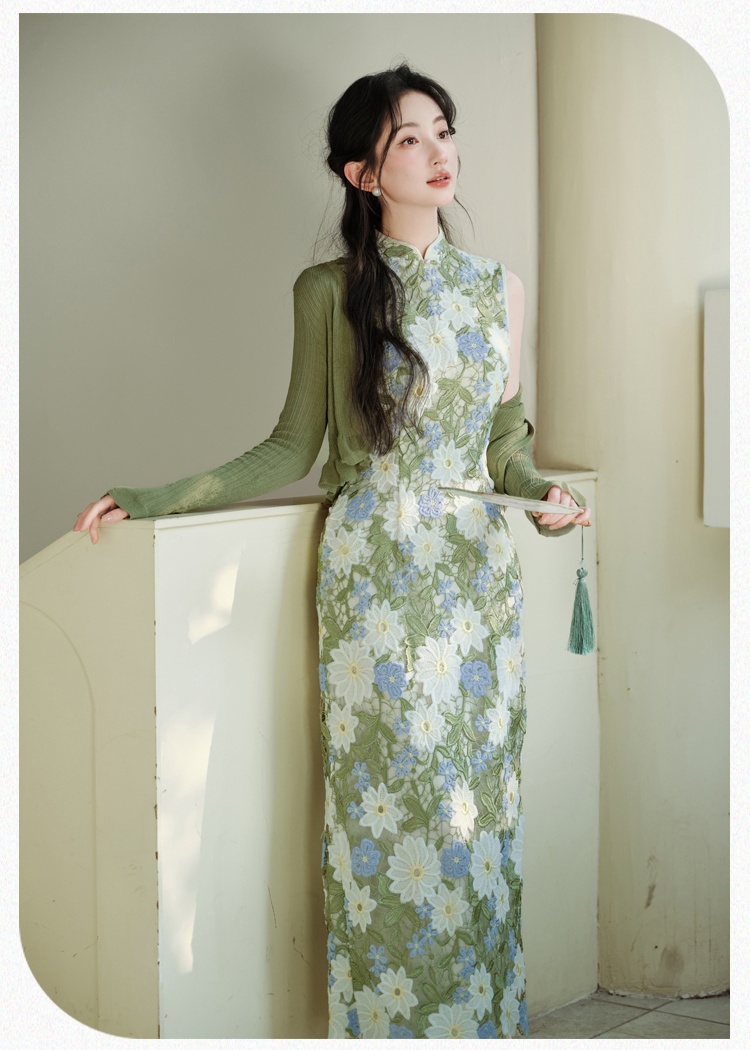 Cstand collar flowers cardigan unique retro dress 2pcs set