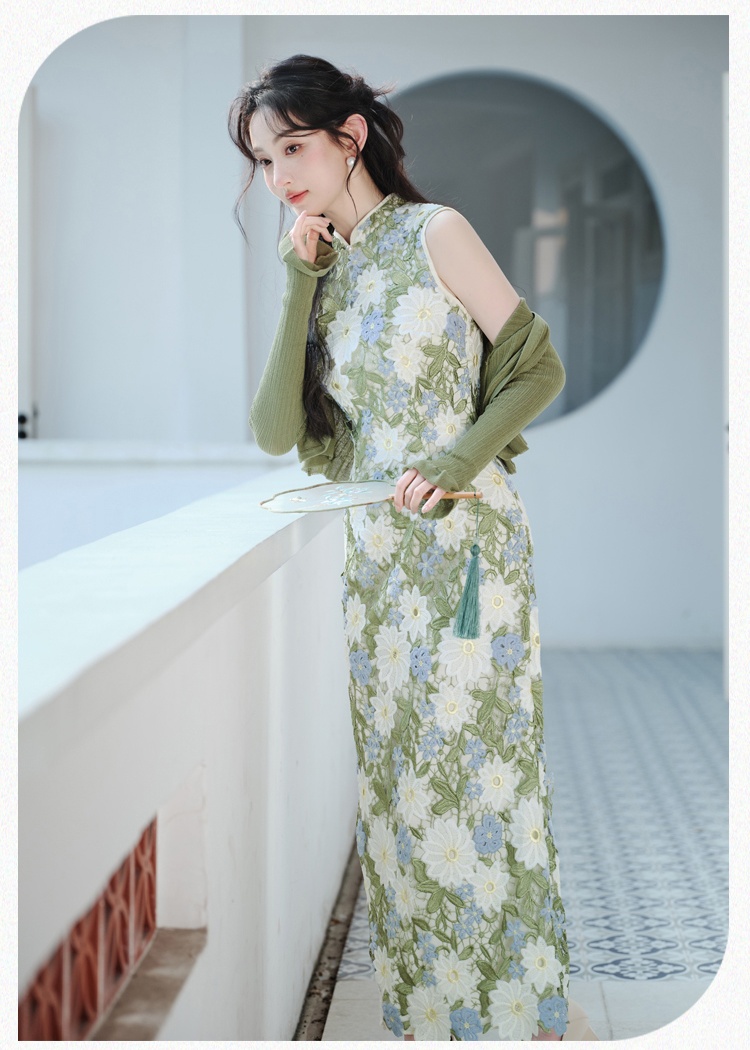 Cstand collar flowers cardigan unique retro dress 2pcs set