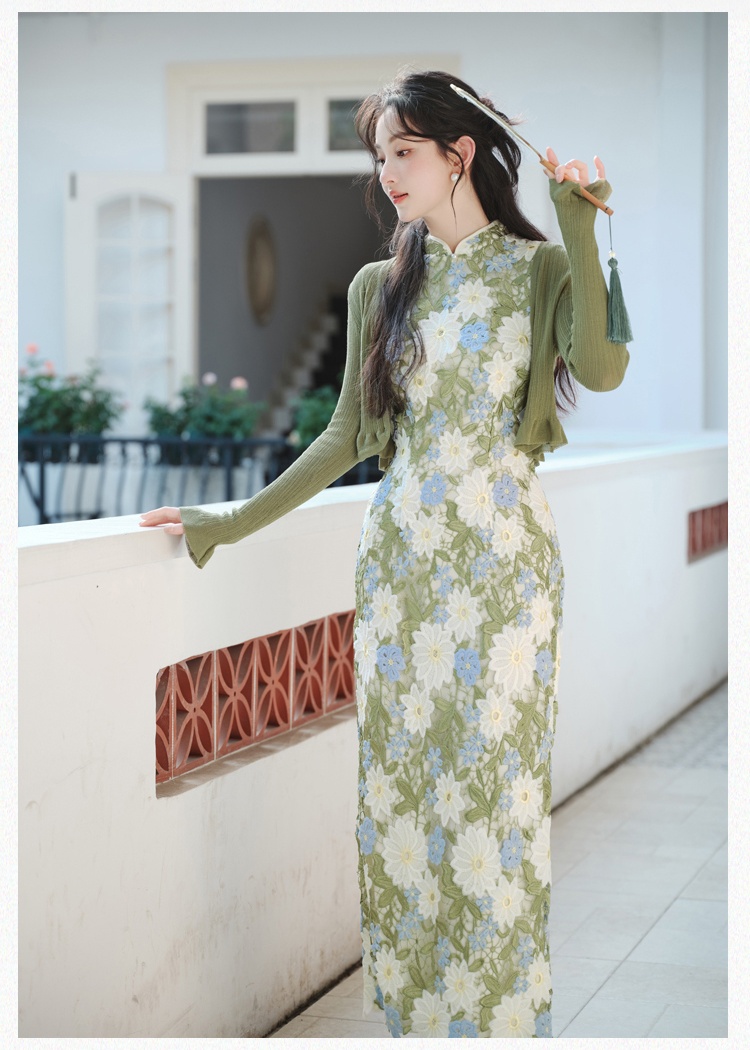 Cstand collar flowers cardigan unique retro dress 2pcs set
