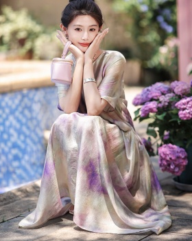 Printing short sleeve long dress purple dress