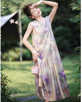 Sleeveless printing dress purple long dress