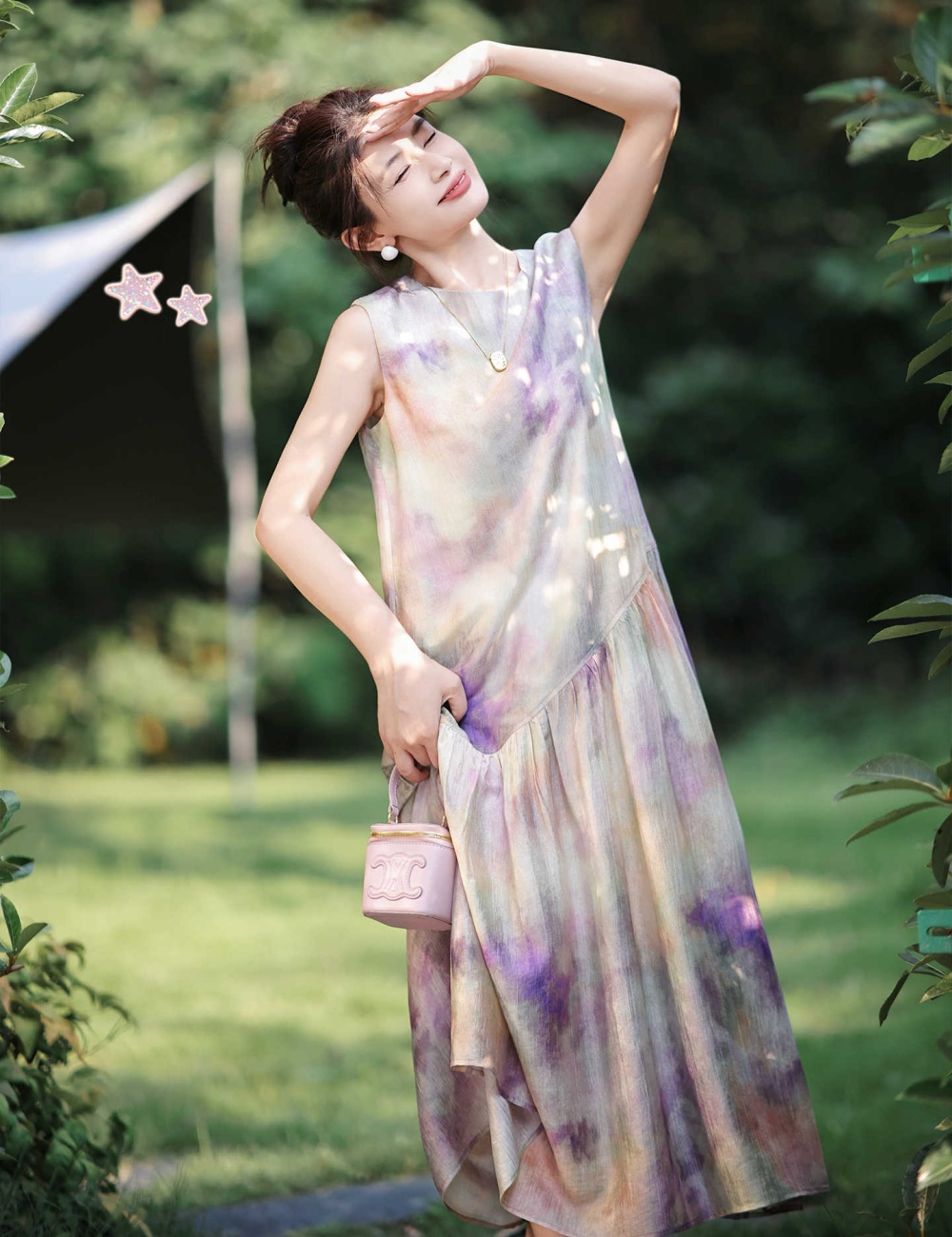 Sleeveless printing dress purple long dress