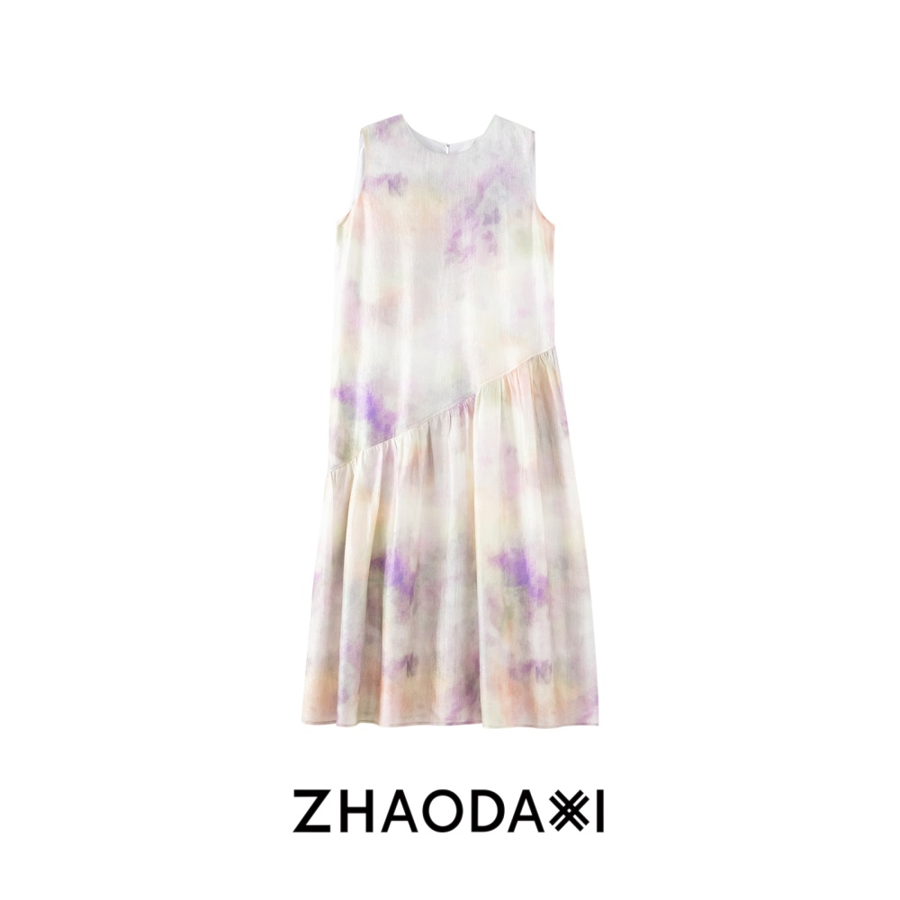 Sleeveless printing dress purple long dress