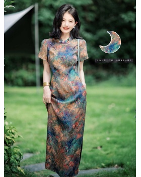 Painting pocket cheongsam real silk dress