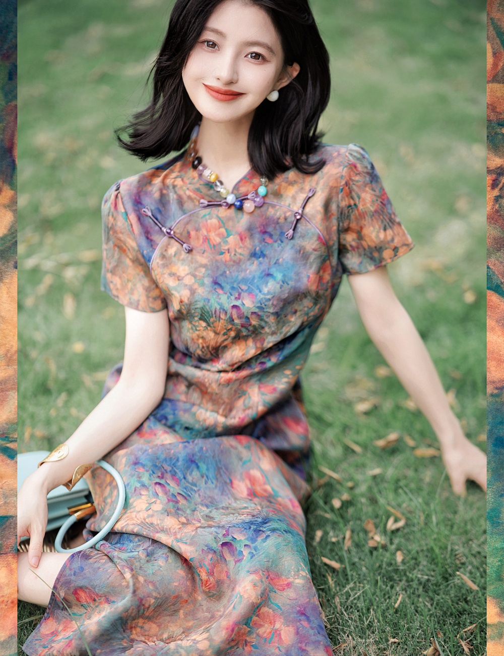Painting pocket cheongsam real silk dress