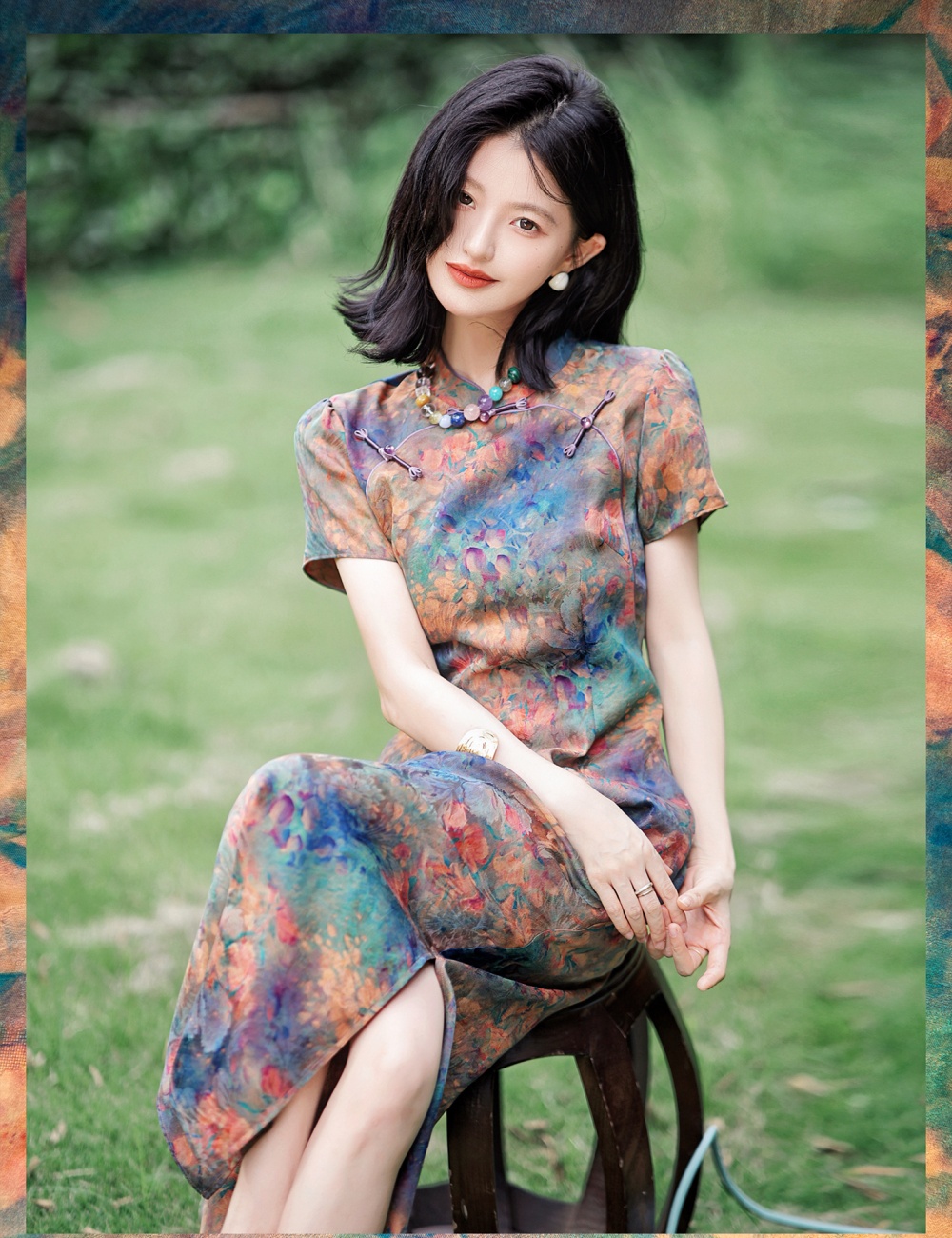 Painting pocket cheongsam real silk dress