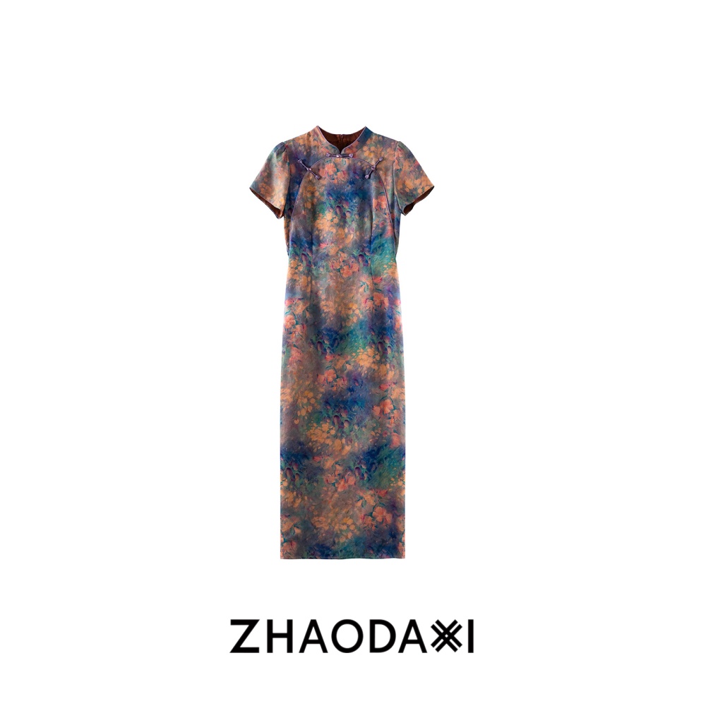 Painting pocket cheongsam real silk dress