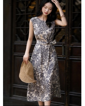 Printing digital sleeveless real silk dress
