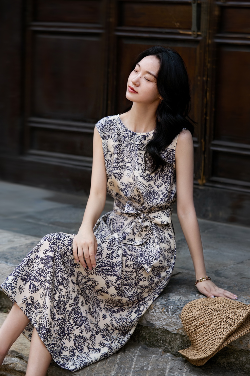 Printing digital sleeveless real silk dress