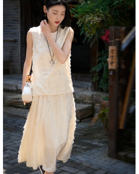 Feather real silk vest romantic white skirt a set