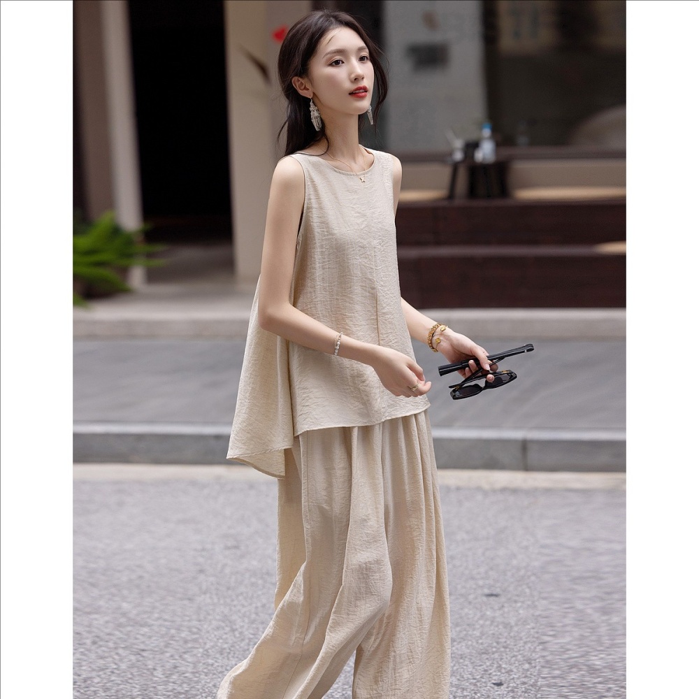 Elastic waist tops art casual pants 2pcs set for women