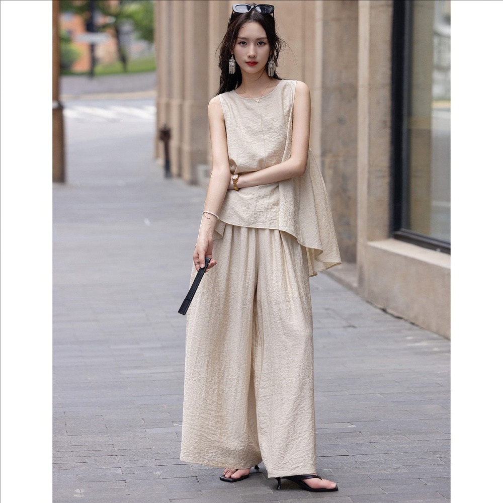 Elastic waist tops art casual pants 2pcs set for women