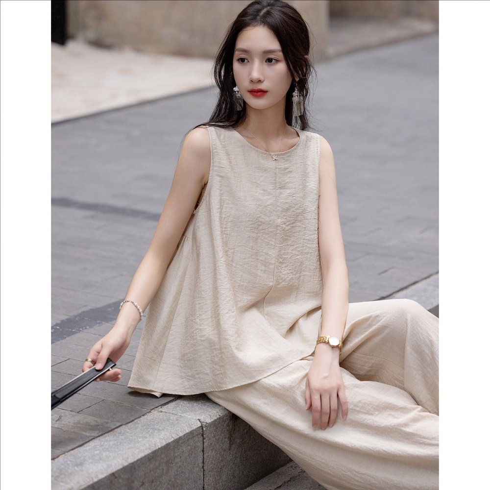 Elastic waist tops art casual pants 2pcs set for women