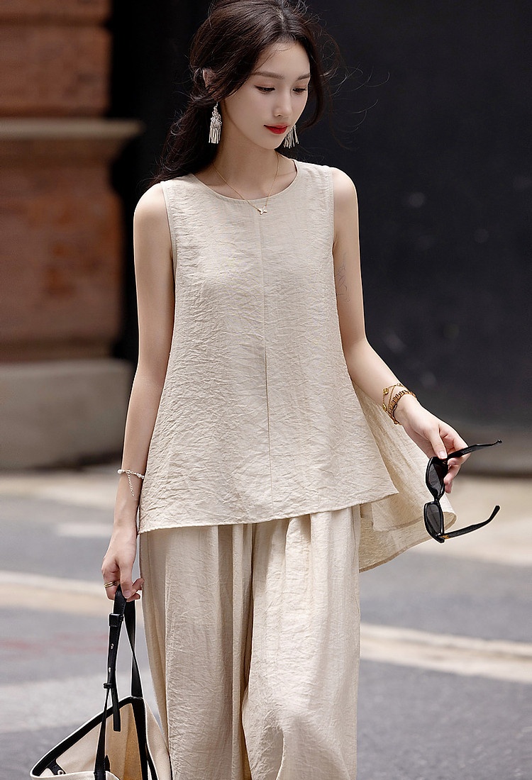 Elastic waist tops art casual pants 2pcs set for women