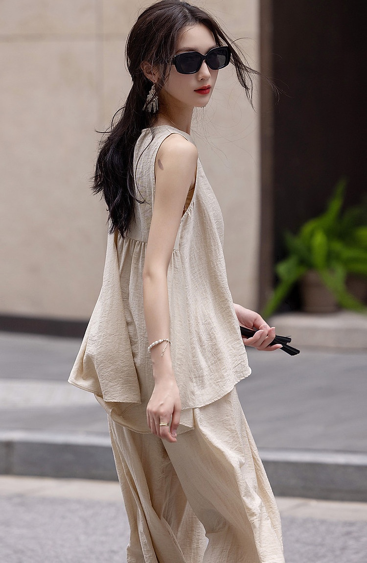 Elastic waist tops art casual pants 2pcs set for women