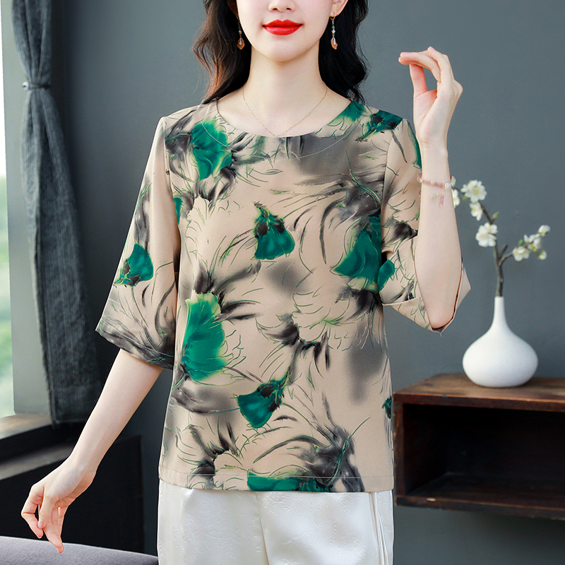 Silk Western style tops middle-aged loose T-shirt for women