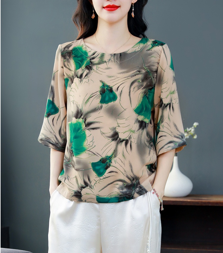 Silk Western style tops middle-aged loose T-shirt for women