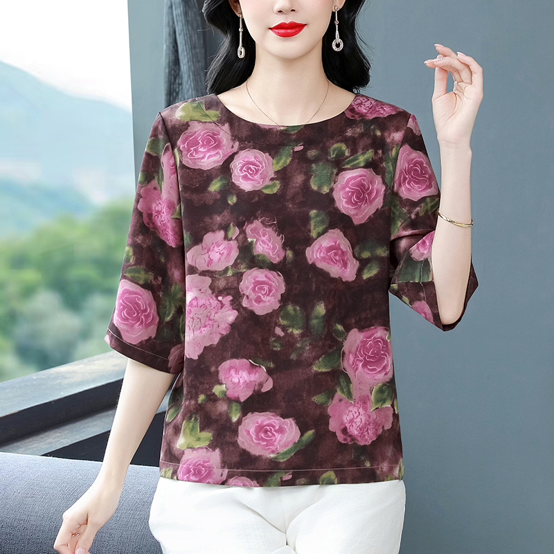 Silk Western style tops middle-aged loose T-shirt for women