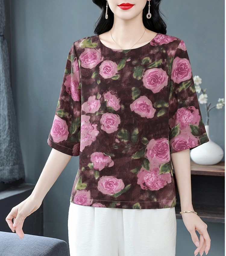 Silk Western style tops middle-aged loose T-shirt for women