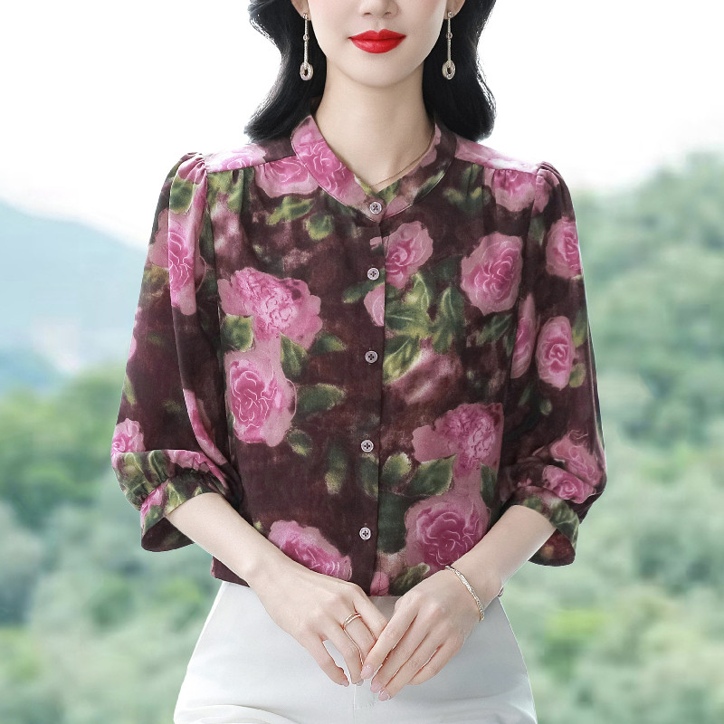 Short sleeve silk tops chiffon spring and summer shirt for women