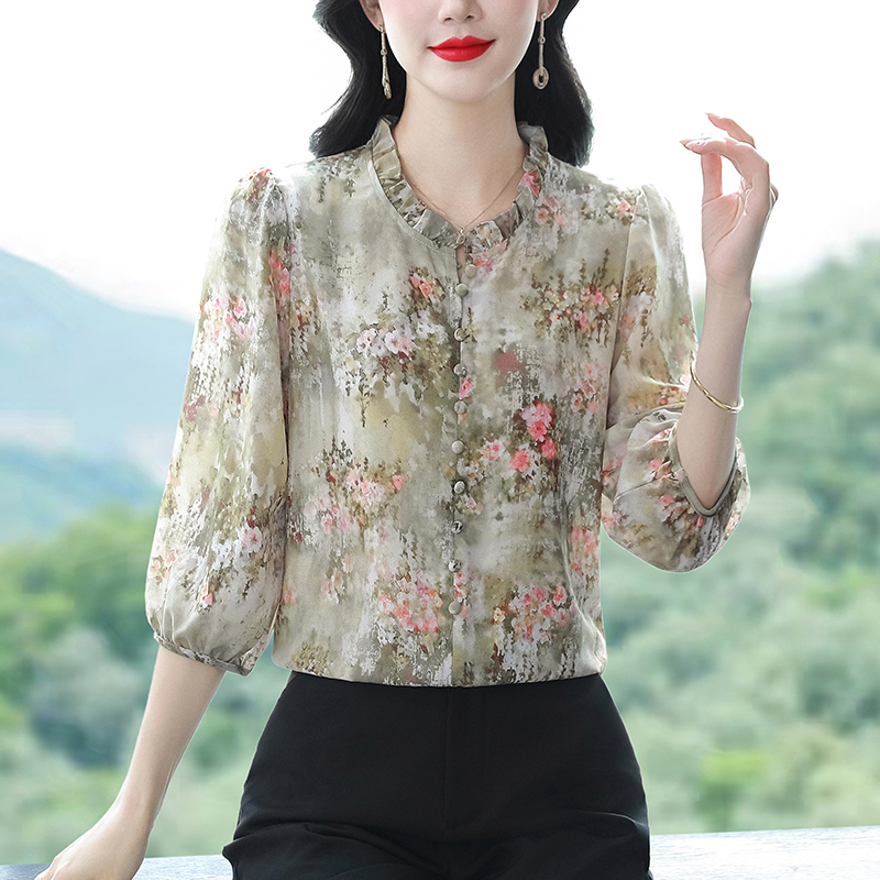 Temperament Cover belly chiffon shirt loose retro silk tops
